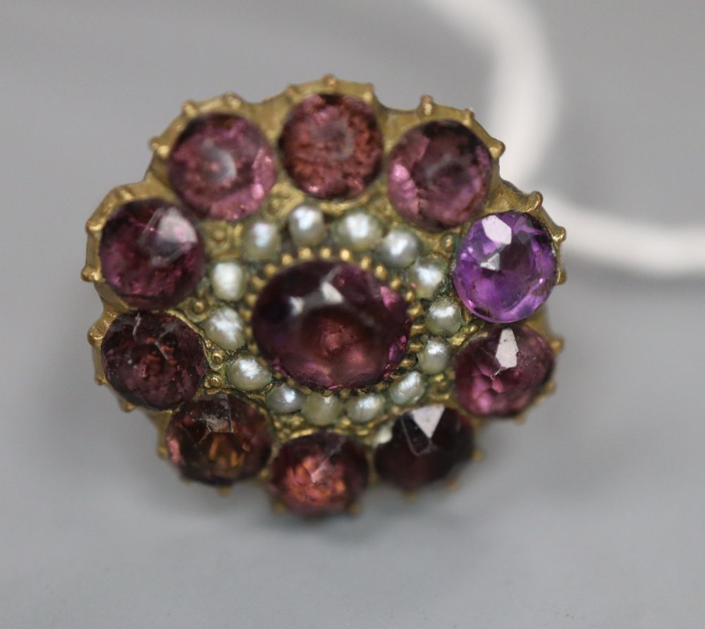 A 9ct gold shank, now with associated amethyst and seed pearl cluster set ring head, size G, gross 3 grams.